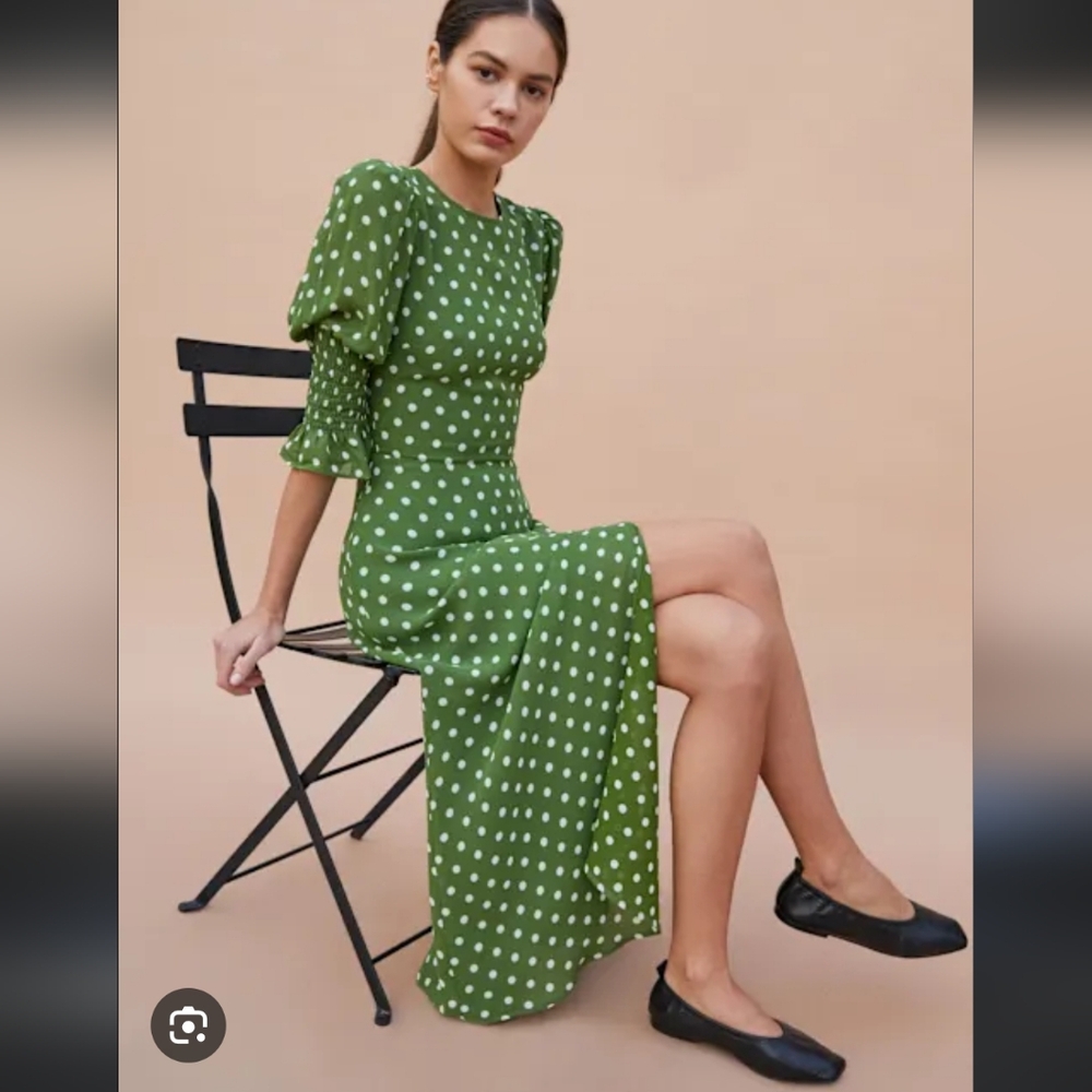 Reformation Green Polka Dot Long Sleeve Dress